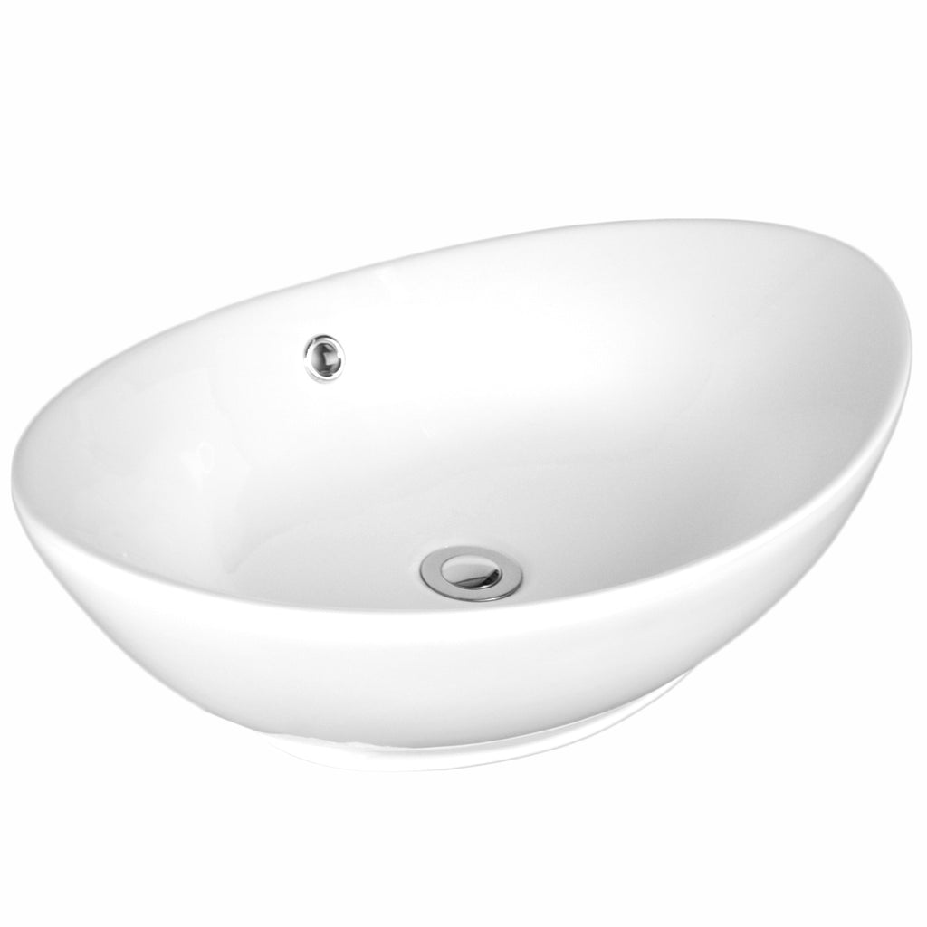 Sutherland White Ceramic Oval Vessel Bathroom Sink with Overflow and Pop Up Drain