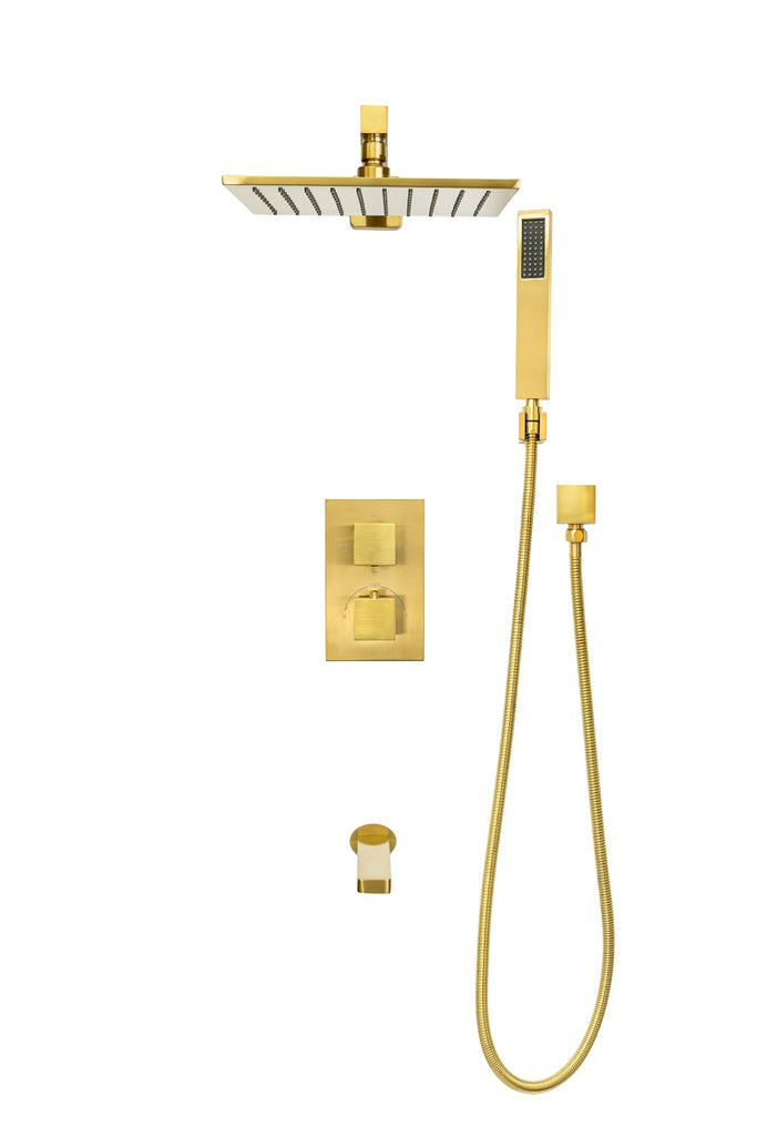 Wasser Shower Faucet 3-Function Square Shower System with Showerhead, Handheld Shower, Tub Filler Spout, and Trim Kit - Rough-In Included