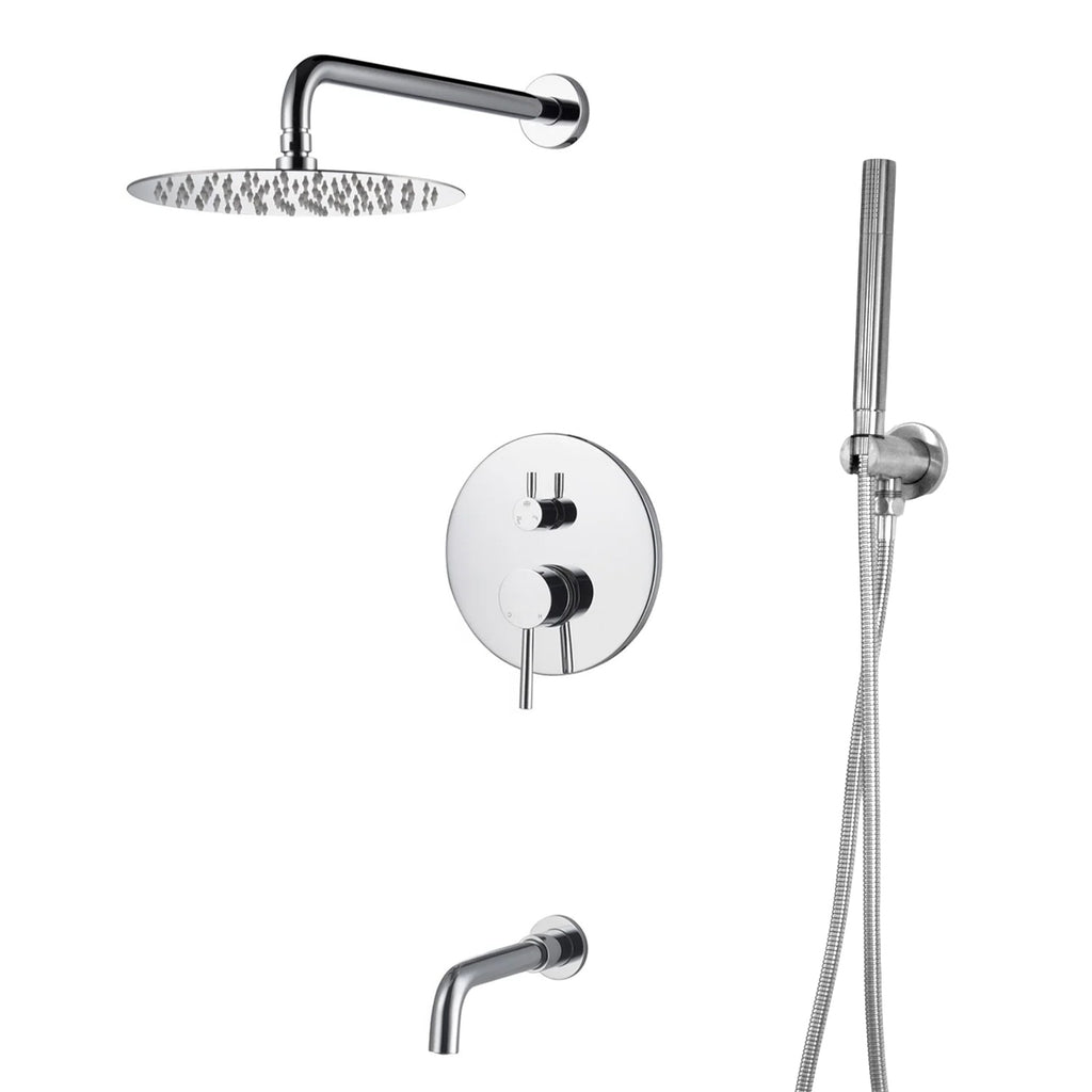 Mackenzie 9186 3-Function Round Shower System with Shower Head, Hand shower, Tub Spout and Valve Trim. Rough-in Included